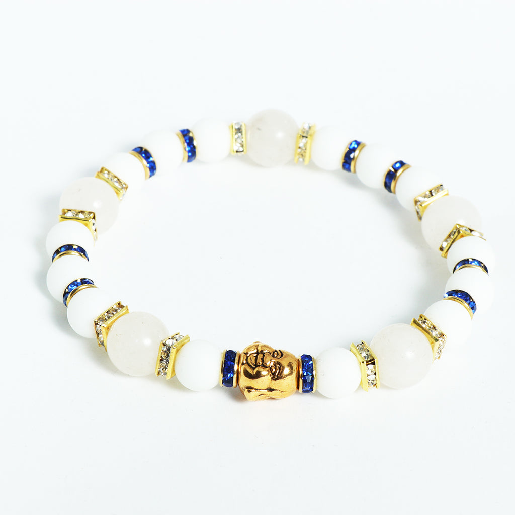 White Jade Quartz Blue Rhinestones Buddha Meta Bracelet
